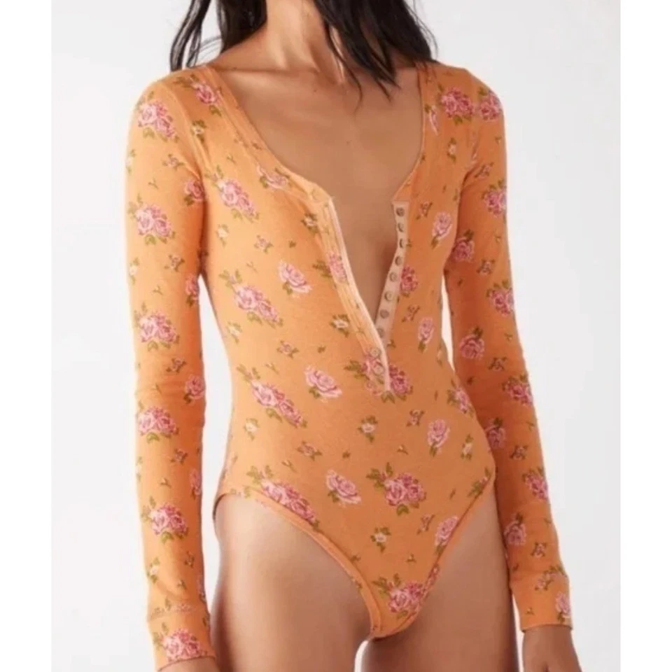 Free People Bodysuit Womens Small Orange Floral Dylan Thermal Long Sleeve Henley - Image 4 of 4