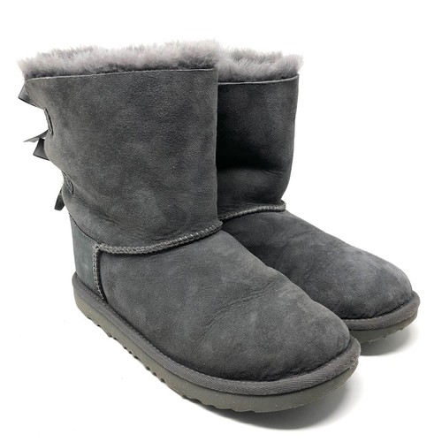 Ugg Bailey Bow II Boot Womens 6 Gray Water Resistant Faux Fur Lined Mid Calf