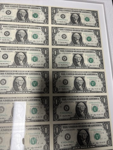 Framed 1993 Uncut Sheet of 16 $1 (Fr. 1919-K Dallas) U.S. Federal Reserve Notes - Picture 5 of 6