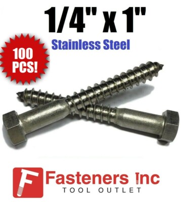 (Qty 100) 1/4'' x 1'' Lag Screws Hex Head Stainless Steel 18-8 / 304