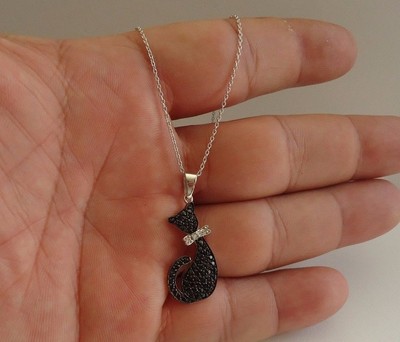  925 STERLING SILVER BLACK CAT NECKLACE PENDANT W/ 2.50 CT ACCENTS/18''