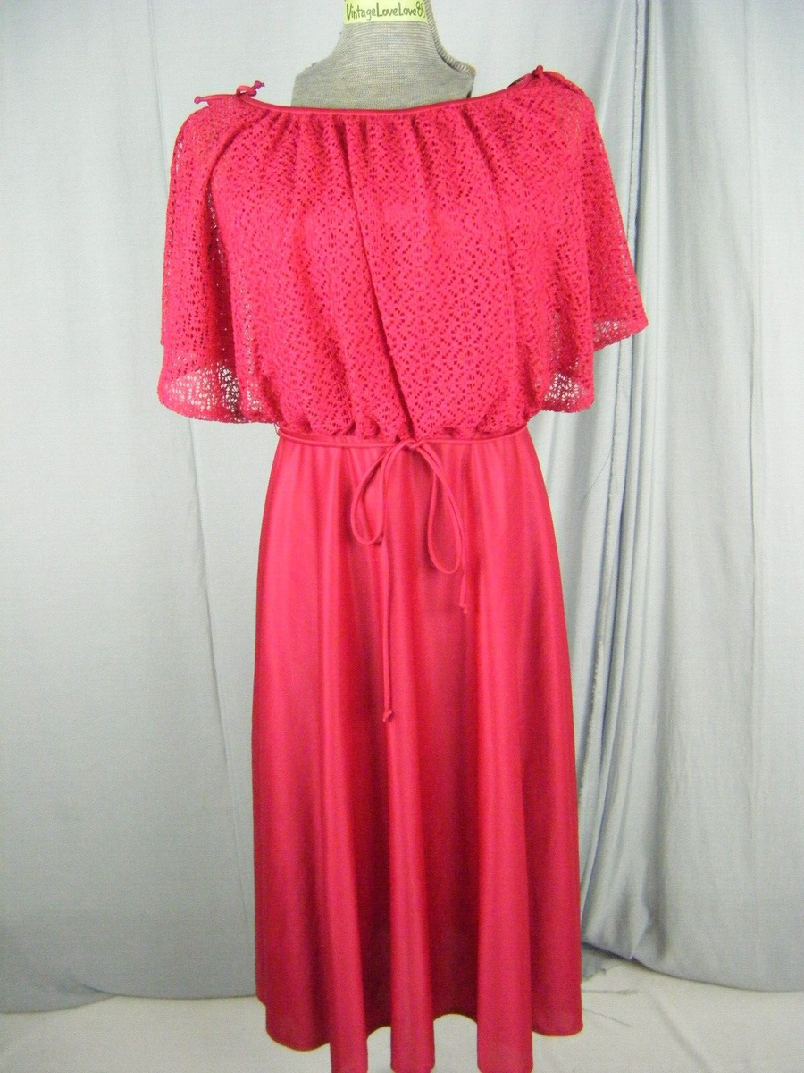 Vtg 70s Bright Red Eyelet Cape PolyKnit Dress-Bust 35/XS | eBay