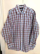 Chaps Mens Shirt 17 32/33 Blue White Red Plaid Classic Fit Wrinkle Free Button