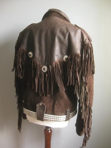 VINTAGE COWBOY LEATHER FRINGE JACKET 42 44 hells angel heavy rock biker ASHY men - Picture 23 of 24
