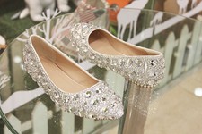 Bling Silver crystal Wedding shoes Bridal flats low high heel pump size 5-12