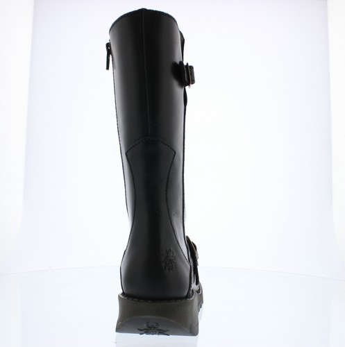 FLY London MES 2 Damen Schwarz Wadenlang Keilabsatz Reißverschluss Leder Stiefel - Picture 7 of 8
