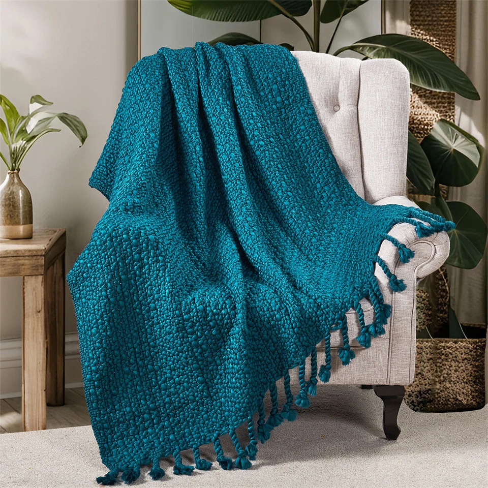Chunky Knit Throw Blanket w/ Braided Tassels Soft Thick Yarn Basket Weave Boho - Image 3 of 4