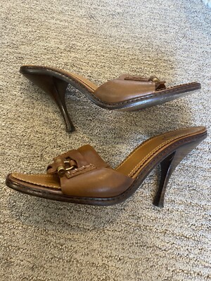 Authentic YSL Tan Brown Leather Wooden Stiletto Heel Slide Sandals Size 40