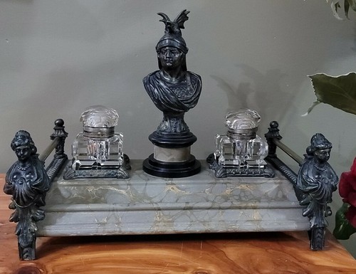 Vintage französisches Reich? Tintenständer Büste KUNST Marmor mit großen Doppelglas Tintenkästen - Bild 4 von 12