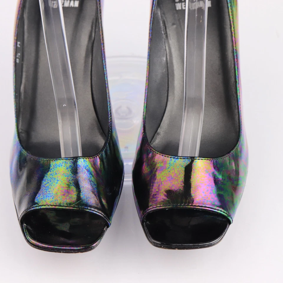 Zapatos de salón Stuart Weitzman para mujer talla 8,5 charol iridiscente oscuro punta abierta tacón alto Foto 3 de 4