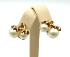 Vintage Emmons Double Simulated  Pearl Gold Tone Clip-On Earrings Mid Century