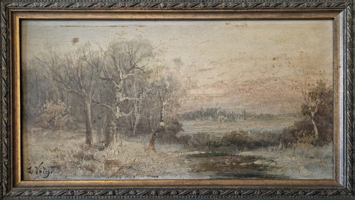 Pintura al óleo impresionista alemana antigua L.Voigt - paisaje de bosque de invierno - Imagen 2 de 9