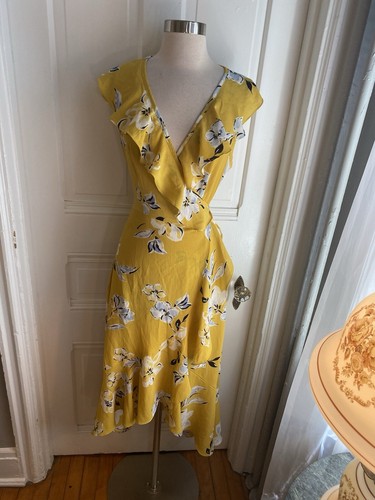 DONNA MORGAN FIT & FLARE SIDE WRAP RUFFLE MUSTARD COLOR FLORAL DRESS-SIZE8–NWOT!