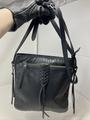 Lucky Brand Crossbody Bag Purse Pebbled Soft Leather Black With Braided Trim.
