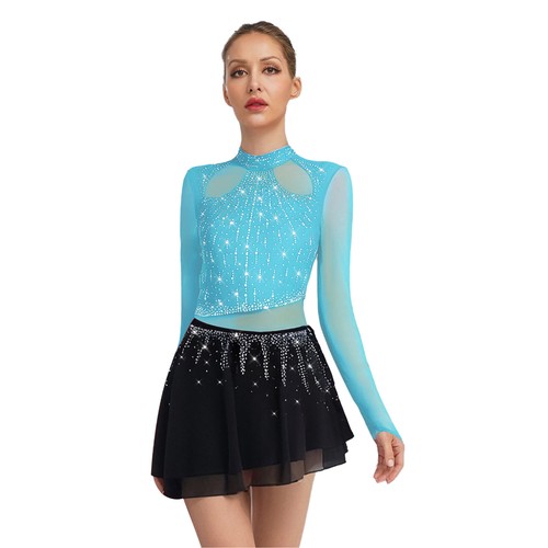 Women's Skating Leotard Mesh Long Sleeve Ballroom Costumes High Low Dancewear - Picture 7 of 80