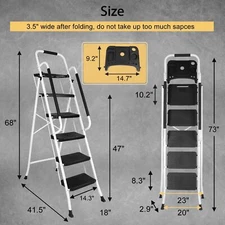 5 Step Portable Folding Step Stool Ladder w/Handrail & Tool Tray Platform 330lbs