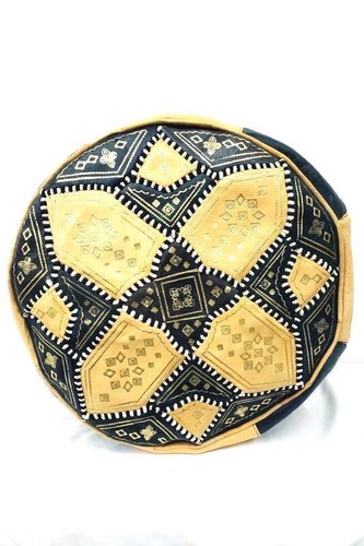 Genuine Leather Moroccan Pouf Ottoman Blue & Yellow Pre-owned - Picture 2 of 5