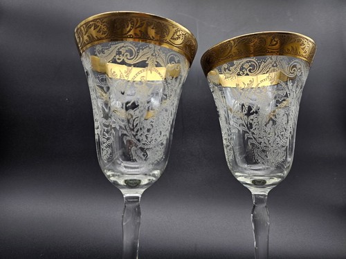 Vintage Set of 2 Etched Crystal Gold Encrusted Water Goblet - Picture 4 of 9