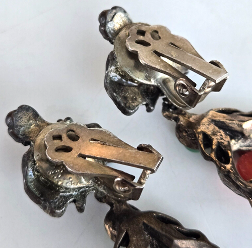 Vintage Kunstkarneol & Jade verziert Hänger goldfarben Clip Ohrringe 2-1/8" umgewandelt - Bild 7 von 11