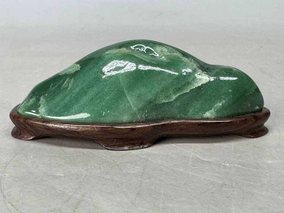Y8620 OKIMONO Green viewing stone wooden stand Japan antique decor interior - Image 3 of 4