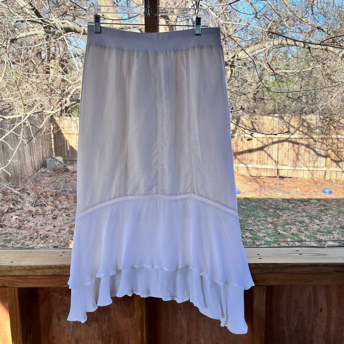 Chico's Optic White Linen Ruffled Hem Pull On Skirt Midi Size 0 (S). New!