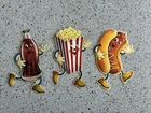 3 Vintage Popcorn / Hot Dog / Soda Bottle Tin Signs. Approx. 13”. Reproduction.