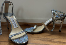 Jimmy Choo Silver Glitter Strappy Stiletto Heels Ankle Strap Buckle Open Toe