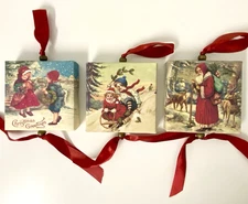 Lot of 3 Victorian Style Christmas Mini Wall Art Canvas With Ribbons 4" x 4"