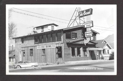 Mt Shasta California CA 1950s RPPC Ski Bowl Cafe, Medo-Bel Ice Cream Sign & Neon