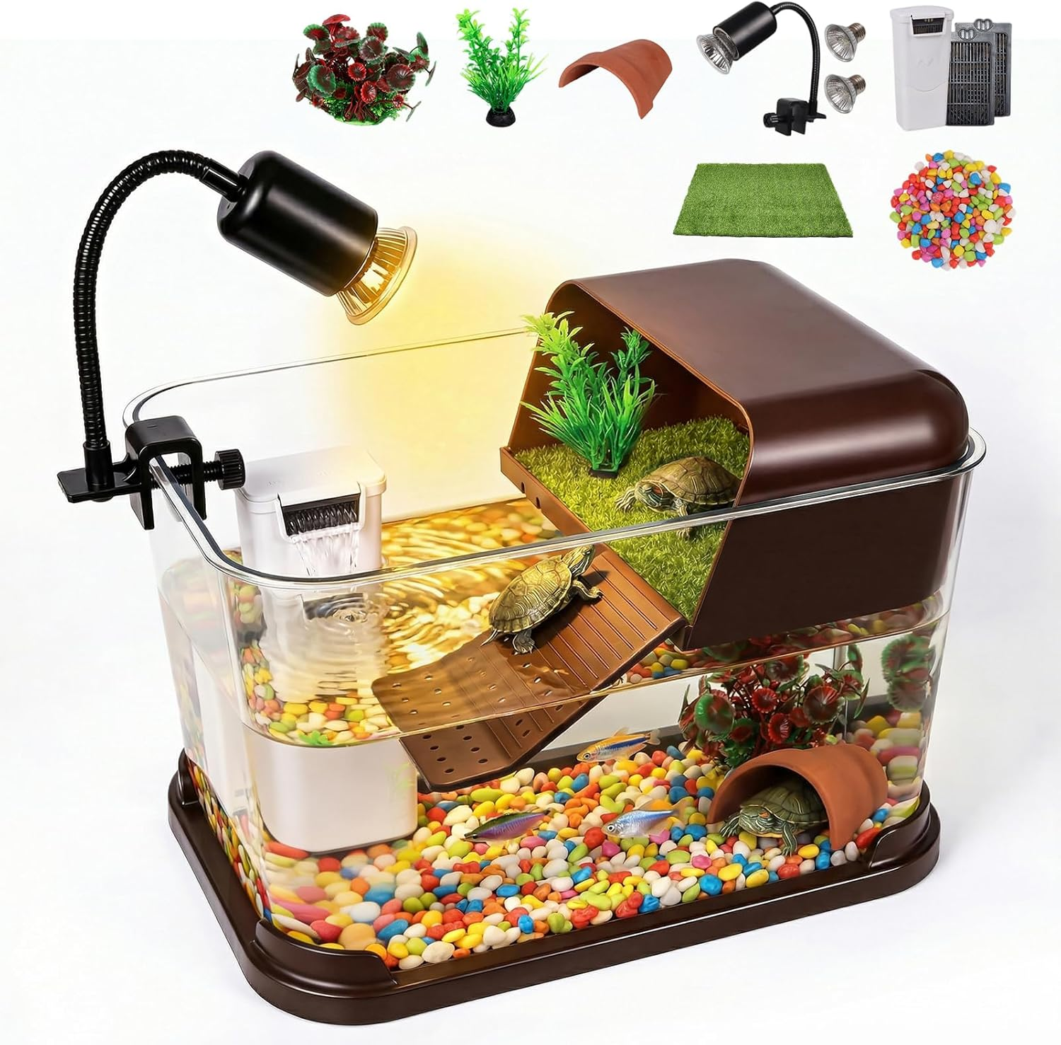 Turtle Tank Starter Kit, PC Turtle Tank Aquarium with Basking Platform, UVB Lamp