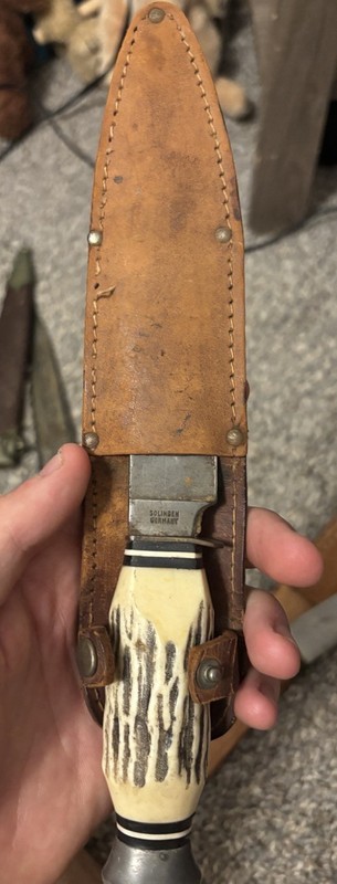 Vintage Solingen Germany Stag Handle Hunting Knife w/ Leather Sheath