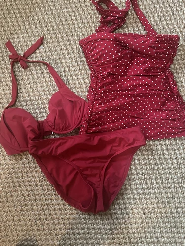 Jantzen Red Polkadot Sliming Tankini Sz 12 And Bikini Bottom 14 Bralette Top 36D