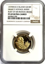 1979 GOLD BRITISH VIRGIN IS 7.1 GRAMS $100 SIR FRANCIS DRAKE NGC PROOF 69 UC 3750.95 per troy oz
