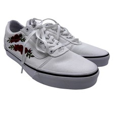 Vans Ward Low Top White Canvas Rose Floral Embroidered Sneakers Womens 10
