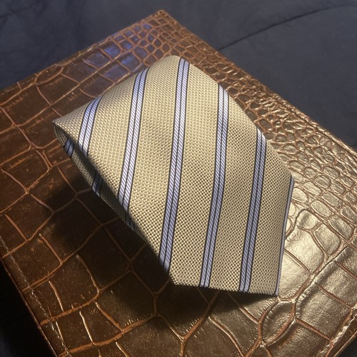 Henry Jacobson Herrenkrawatte gold schwer Seide gewebt blau gestreift Handarbeit 60x4 - Bild 4 von 10