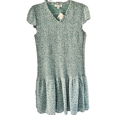 She + Sky  NWT Womens L Blue Green Floral Smocked Flutter Sleeve Dress V Neck