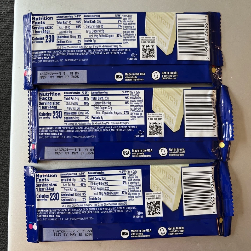 Barra blanca crujiente 1,55 OZ cada lote de 3 chocolate blanco cremoso con arroz crujiente Foto 2 de 4