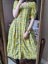 Sweet Vintage Dirndl Dress Prairie Pleated Yellow Green Bavarian Long 12 Check