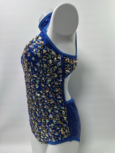 Glamour Solo Dance Costume Crystal Sequin Shimmer Blue Leotard Adult Size LA - Picture 3 of 24