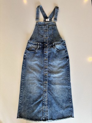 WashLab Women s Denim Overall Dress Size M Blue Button Front Midi Jean Jumper