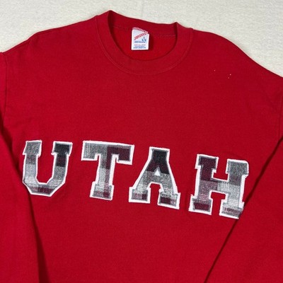 Vintage Utah Utes Sweatshirt L Red Flannel Applique Letters Made in USA Jerzees