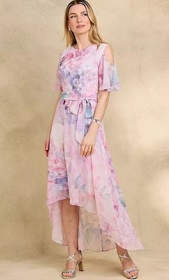 Kaleidoscope Blumendruck Cold Shoulder hoher niedriger Saum Kleid in Pink UK 8 (FMS14-2)