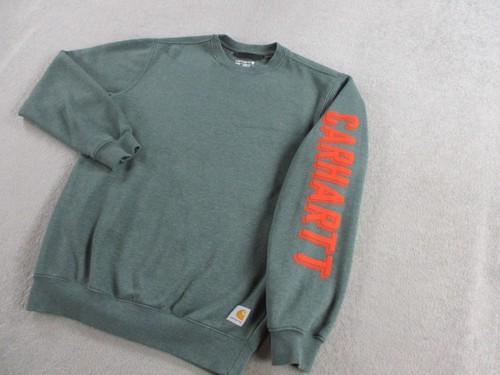 Carhartt Sweatshirt Men Small Green Orange Fleece Crewneck Spellout Logo Sweater - Picture 2 of 9