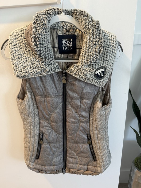 Sportalm 1953 Women's Gray Puffer Vest Full Zip Faux Fur Trim Pockets 38