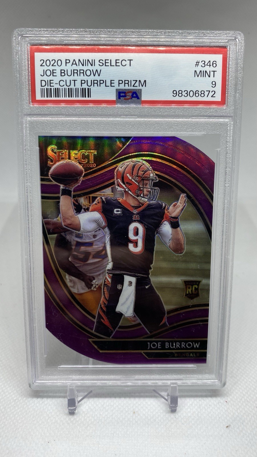 2020 Panini Select Joe Burrow Rookie Die Cut Purple Prizm Field Level PSA 9