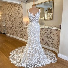 Boho Mermaid Wedding Dress Spaghetti Straps Sleeveless Lace Applique Bridal Gown