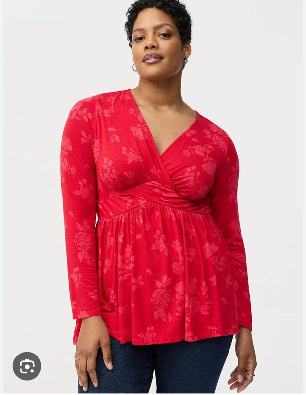 Torrid NWOT Sz 3  Red Floral Wrap-Front Long Sleeve Tunic