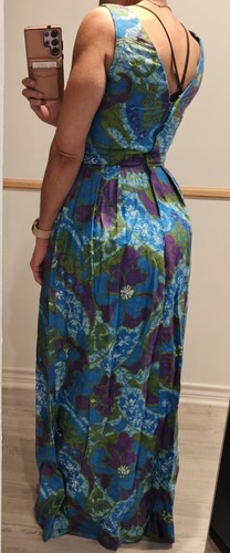 Vintage 60s Blue Purple Sleeveless Hostess Hawaiian Barkcloth Maxi Dress 34"Bust - Picture 13 of 24