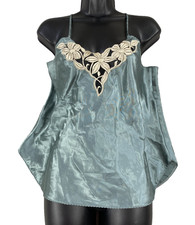 Vintage Night Gown Womens Small Short Green Lace Trim Satin Peignoir Lingerie
