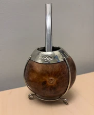 Handmade ALPACA Silver MATE Gourd+steel STRAW-GUARDA PAMPA ARGENTINA- NEW